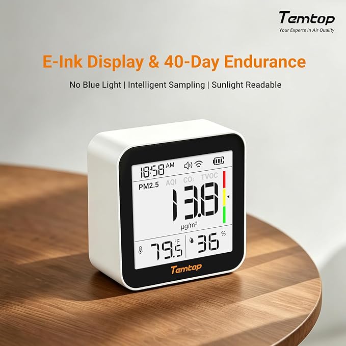 Temtop M10+ WiFi Air Quality Monitor, Rechargeable CO2 Detector with PM2.5 TVOC AQI Temperature and Humidity, 6-in-1 Indoor Pollution Meter with App Control, Data Export, E-Ink Screen for Home Office