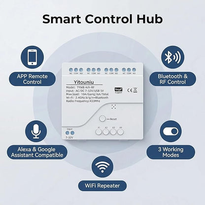 4CH Wireless Relay Module | Smart Home Control | Remote Switch | Self-Locking Mode | Tuya APP & Bluetooth Compatible