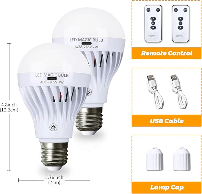 BSOD AC 85-265V 7W LED Magic Bulb with Remote Controller Warm White Emergency Light with Rechargeable Built-in Battery E27 Lamp for Home Indoor Lighting (USB Warm 2 Pack)