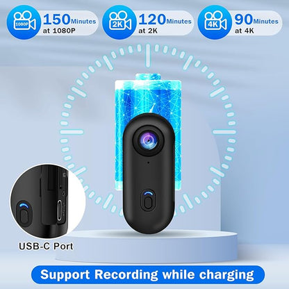 i3 4K Thumb Action Camera, Tiny Size, Mount Anywhere, Small Body Camera with Spring Clip, Portable Vlogging, Hands-Free POV Recording, Helmet Cam for Cycling, Motorcycle (64G-Card, Black)