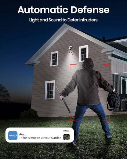 aosu Security Cameras Outdoor Wireless, 4-Cam-Kit, 166° Ultra-Wide-Angle, Battery Powered, No Subscription Required, Home Security Cameras System with 2K Color Night Vision, Spotlight, Motion Alert