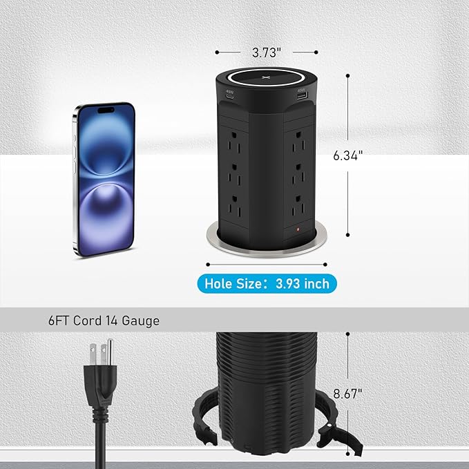 4-inch Pop Up Outlet for Countertop with 45W USB,17-in-1 Desktop Power Strip with 15W Wireless Charger,12 Outlets 4 USB Ports,15Amp Tamper Resistant Receptacle for Home Office Kitchen Black