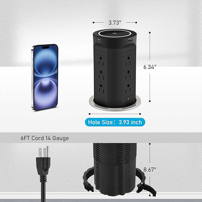 4-inch Pop Up Outlet for Countertop with 45W USB,17-in-1 Desktop Power Strip with 15W Wireless Charger,12 Outlets 4 USB Ports,15Amp Tamper Resistant Receptacle for Home Office Kitchen Black