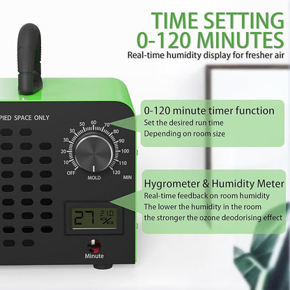 Ozone Generator 60,000 mg/h, Portable O3 air purifiers for home, Car, Office & Industrial, Ozone machine odor Removal for Smoke, Pet Odor Eliminator, 120min Timer & Safety Auto-Off, Green