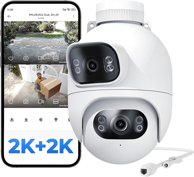IMILAB EC6 Dual 2K+2K Plug-in Outdoor Security Camera: Outdoor Camera for Home Security w/Motion Spotlight & Siren, Wired 360° Rotate Cam, Person Tracking, 24/7 Recording, Color Night Vision