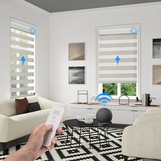 Motorized Zebra Blinds Compatible with Alexa Google Smart Home Dual Layer Remote Roller Blinds Electric Horizontal Window Blindsfor Home Office, Customized Size (95% Shading - Beige Grey)