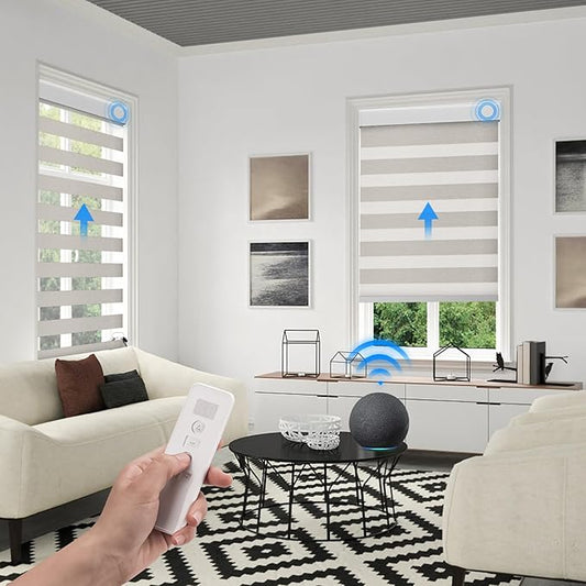 Motorized Zebra Blinds Compatible with Alexa Google Smart Home Dual Layer Remote Roller Blinds Electric Horizontal Window Blindsfor Home Office, Customized Size (95% Shading - Beige Grey)