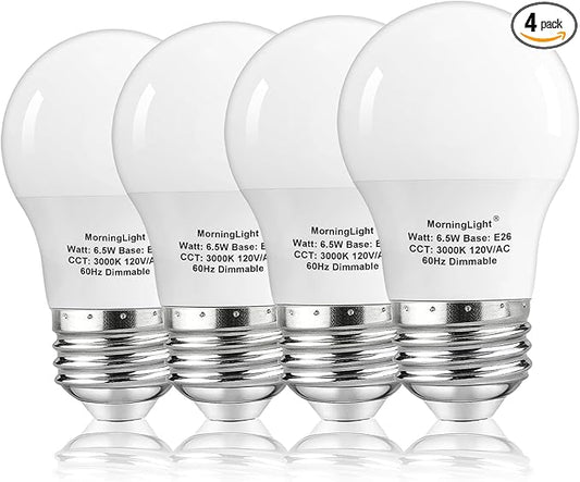 MorningLight A15 Ceiling Fan Light Bulb 60 Watt Equivalent, 6.5W Dimmable LED Light Bulbs, 3000K Soft White, E26 Base, 4 Pack A15 LED Light Bulbs 60W for Living Room, Bedroom, 600LM