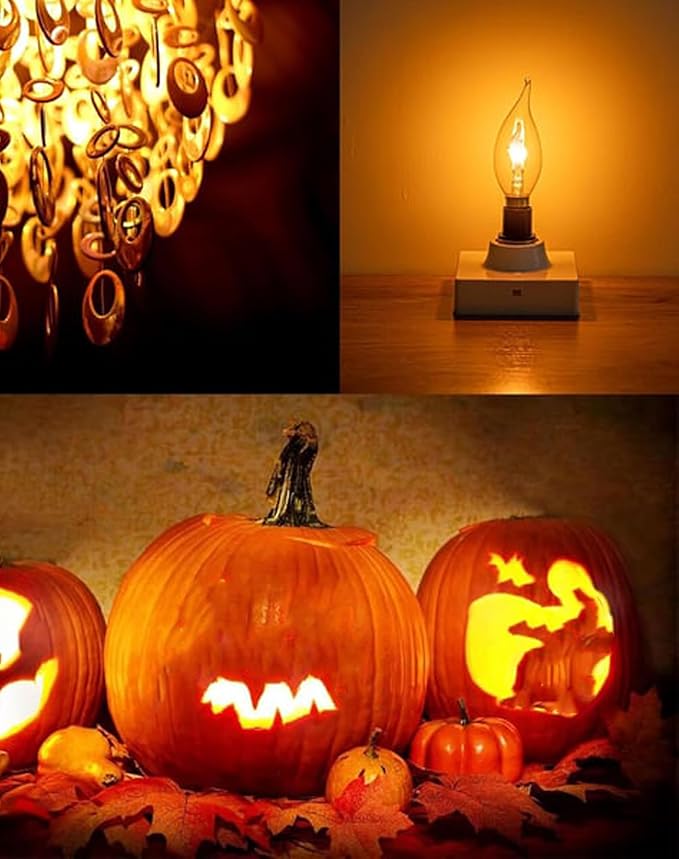 Flickering Flame Light Bulbs -Perfect Ambiance for Halloween Christmas, E12 LED Flickering Candelabra Bulb, Realistic Flame Effect, 2700K, 3W Energy-Efficient (E12*4pcs)