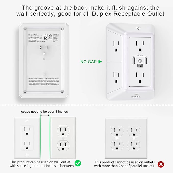 POWRUI Multi Plug 6 Outlet Surge Protector Extender with 3 USB Ports (1 USB C) and Night Light, 3-Sided Power Strip with Adapter Spaced Outlets, ETL Listed, White