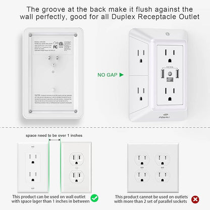 POWRUI Multi Plug 6 Outlet Surge Protector Extender with 3 USB Ports (1 USB C) and Night Light, 3-Sided Power Strip with Adapter Spaced Outlets, ETL Listed, White