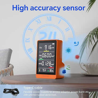 5-in-1 Professional Indoor Air Quality Monitor Indoor Portable CO2 Monitor | Temperature | Formaldehyde Detector | Humidity TVOC | Air Quality Tester - Confined Space Clean Air Monitor (Orange)
