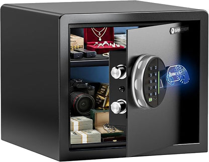 Grimtron 20LB Biometric Safe with Fingerprint Lock, 3-8 Digit PIN | 0.80 cu.ft. Safe with Silent Mode & LED & Backlit Keypad , 6.7M Combinations, Metal Knob, Removable Shelf & Easy Installation