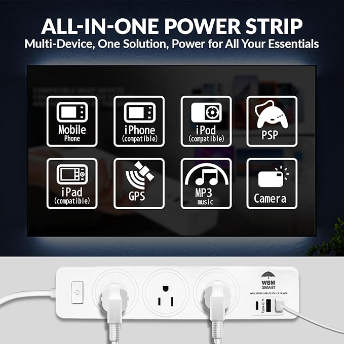 WBM Smart Power Strip 5.9 ft 10 A - Extention Cord Socket, Pack of 2 with 2 USB Ports and 1 Type C Plug, Multi Outlet Extender for Home, Office and Dorm Room