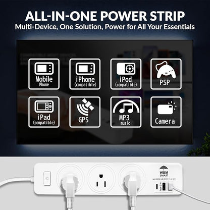WBM Smart Power Strip 5.9 ft 10 A - Extention Cord Socket, Pack of 2 with 2 USB Ports and 1 Type C Plug, Multi Outlet Extender for Home, Office and Dorm Room