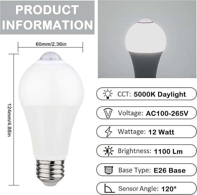 Motion Sensor LED Bulbs 12W (100W Equivalent) - Auto On/Off Dusk to Dawn Security Lighting, 5000K Daylight, Energy-Saving Indoor Outdoor Bulbs for Porch, Stairs, Hallway (2-Pack)