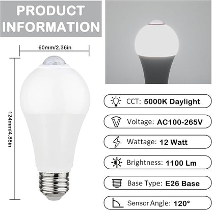 Motion Sensor LED Bulbs 12W (100W Equivalent) - Auto On/Off Dusk to Dawn Security Lighting, 5000K Daylight, Energy-Saving Indoor Outdoor Bulbs for Porch, Stairs, Hallway (2-Pack)