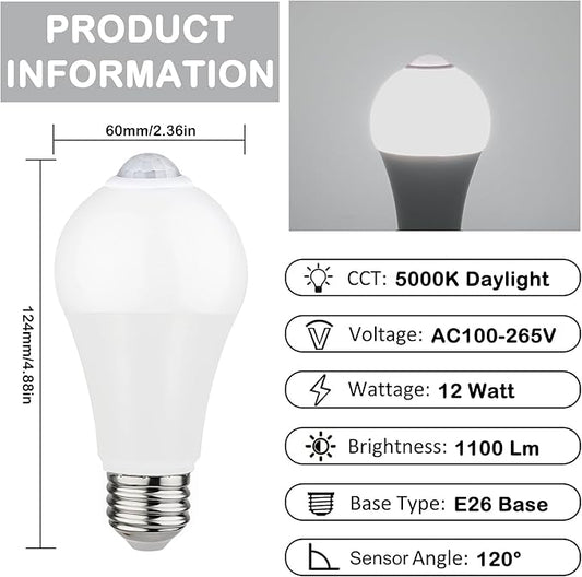 Motion Sensor LED Bulbs 12W (100W Equivalent) - Auto On/Off Dusk to Dawn Security Lighting, 5000K Daylight, Energy-Saving Indoor Outdoor Bulbs for Porch, Stairs, Hallway (2-Pack)