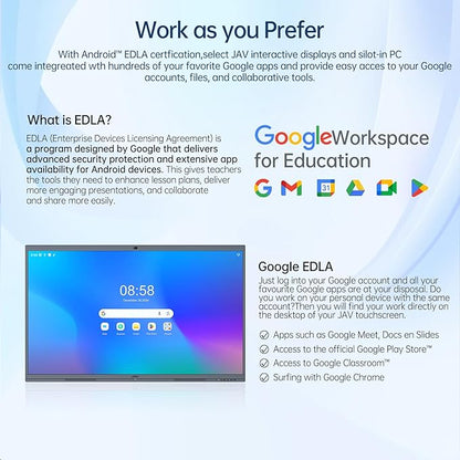 JAV Smart Board Interactive Whiteboard for Classroom Office Home, 4K UHD 8+128GB Touchscreen Smartboard with Built-in EDLA Licensed Android OS & Open App Ecosystem, Wi-Fi & Bluetooth