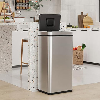 pouseayar 18.5 Gallon/ 70 L Stainless Steel Smart Automatic Trash Can with Deodorizer Compartment, Assemble Large Capacity Garbage Can - Silver