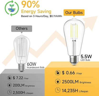 SHINESTAR 8-Pack Dimmable Vintage LED Edison Bulbs, 5.5W, 60W Equivalent, Warm White 2700K, ST58 Antique LED Decorative Filament Bulbs, E26 Medium Base, 80+ CRI, Clear Glass Style for Home