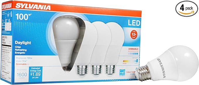 Sylvania LED A19 Light Bulb, 100W Equivalent, Efficient 16W, Dimmable, 1600 Lumens, Frosted, 5000K, Daylight - 4 Pack (40739)