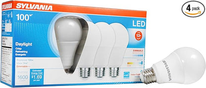 Sylvania LED A19 Light Bulb, 100W Equivalent, Efficient 16W, Dimmable, 1600 Lumens, Frosted, 5000K, Daylight - 4 Pack (40739)