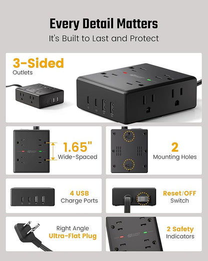 20Ft Long Extension Cord, Flat Plug Power Strip Surge Protector, 8 Outlet 4 USB Ports (2 USB C), Wall Mountable, Desk Charging Station for Home Office, College Dorm Room Essentials (Black)