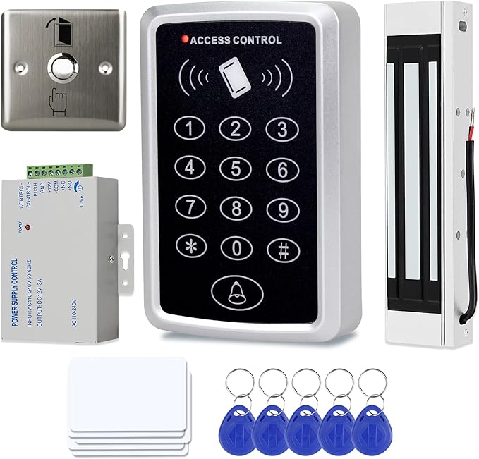 Door Entry System with Waterproof Access Control Keypad Power Supply DC 12V,Door Lock Release Switch,Electric Lock and 125KHZ RFID Key Fobs,180kg Magnetic Lock