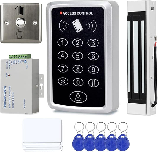 Door Entry System with Waterproof Access Control Keypad Power Supply DC 12V,Door Lock Release Switch,Electric Lock and 125KHZ RFID Key Fobs,180kg Magnetic Lock