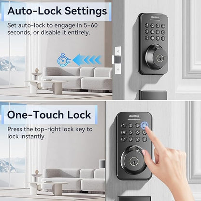 Ulecoce Fingerprint Keypad Deadbolt with Handle Set, Keyless Entry Door Lock, Door Locks for Front Door Lock Set, App Control, Auto Locking, Easy to Install, Matte Black