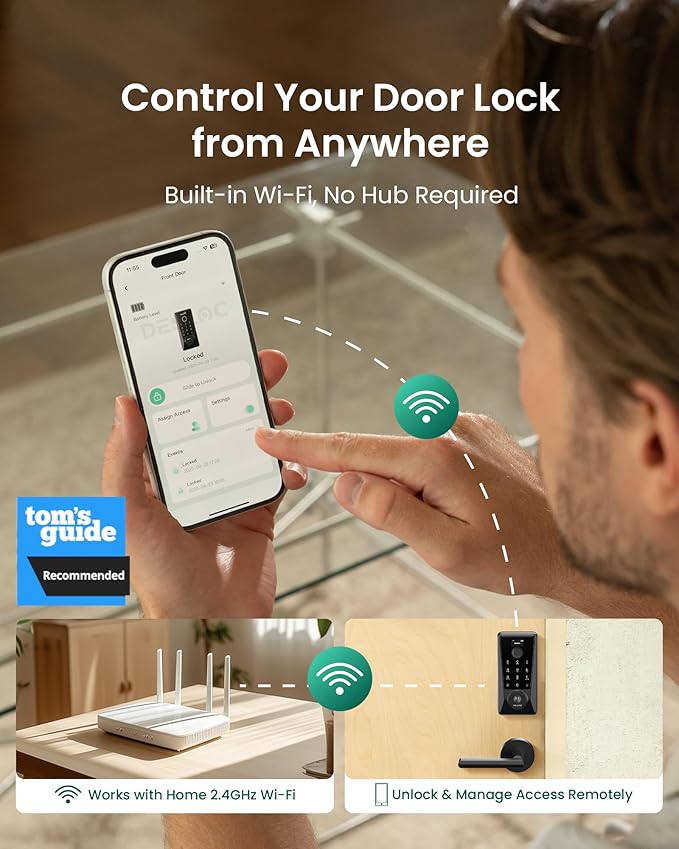 DESLOC WiFi Smart Lock D110 Plus, Built-in Wi-Fi No Hub Needed, Fingerprint Keyless Entry Front Door Lock, Touchscreen Keypad Deadbolt with Backlit, APP Control, Auto Lock, Anti-Peep PIN, BHMA Grade 3