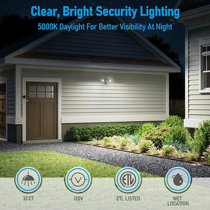 LEONLITE 3CCT LED Security Light, Motion Sensor Outdoor Lights, Dusk to Dawn, ETL Listed, Adjustable Heads, 3000K4000K5000K Selectable, Motion Detector Flood Light, Aluminum, IP65 Waterproof, White