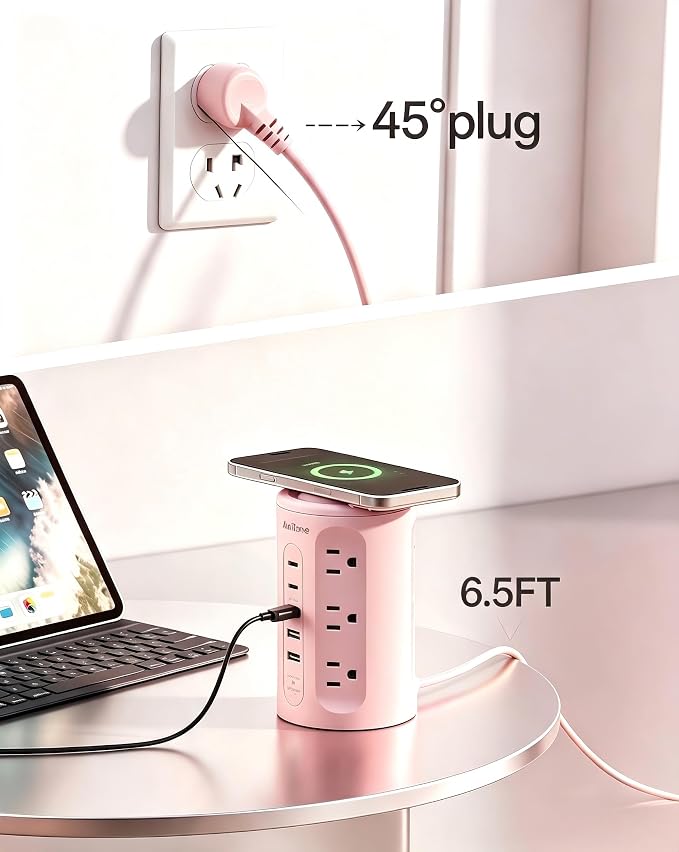 Power Strip Tower with USB Ports, 6.5 FT Extension Cord with Multiple Outlets (12AC+3A+2C) for Home Office Desk College Dorm Room Supplies