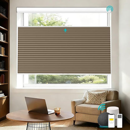 Motorized Top Down Bottom Up Cellular Shades with Remote, Custom Cordless Smart Honeycomb Blinds, Automatic Electric Light Filtering Window Blinds Work with Alexa Google for Home Office, Brown