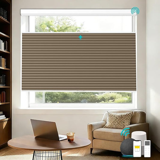 Motorized Top Down Bottom Up Cellular Shades with Remote, Custom Cordless Smart Honeycomb Blinds, Automatic Electric Light Filtering Window Blinds Work with Alexa Google for Home Office, Brown