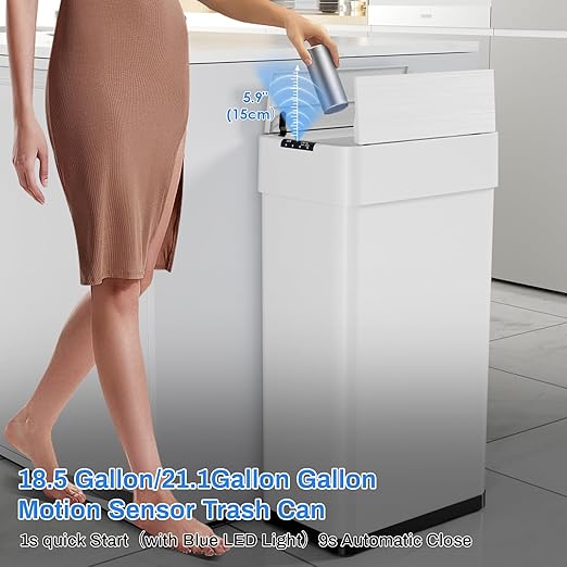 Automatic Trash Can,13.2 Gallon Touchless Motion Sensor Trash Bin, Smart Garbage Can with Soft-Close Lid, Bag Retainer Ring and Display Light,for Kitchen,Living Room Office (White, 50L)