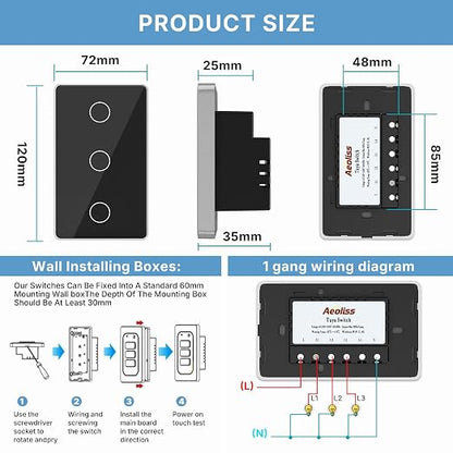 2.4GHz WiFi Smart Touch Wall Single Fire Smart Light Switch, Need Neutral Wire, Glass Panel Light Switch Work with Smart Life/Tuya App, Alexa and Google Home (Black 3 Gang)
