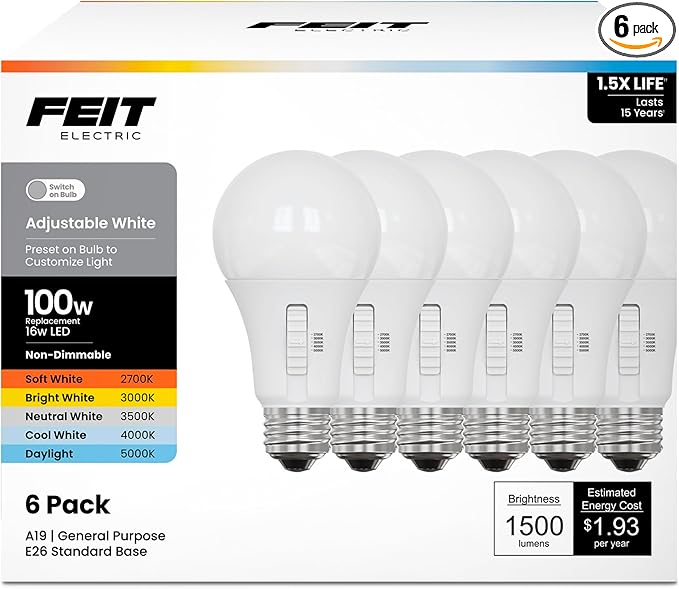 Feit Electric A19 LED Light Bulb, 100W Equiv, Non-Dimmable, Selectable Color Temperatures (2700K-5000K), 1500 Lumens, General Purpose Light Bulbs, 17,000-Hour Lifetime, OM100/5CCT/15KLED/6, 6 Pack