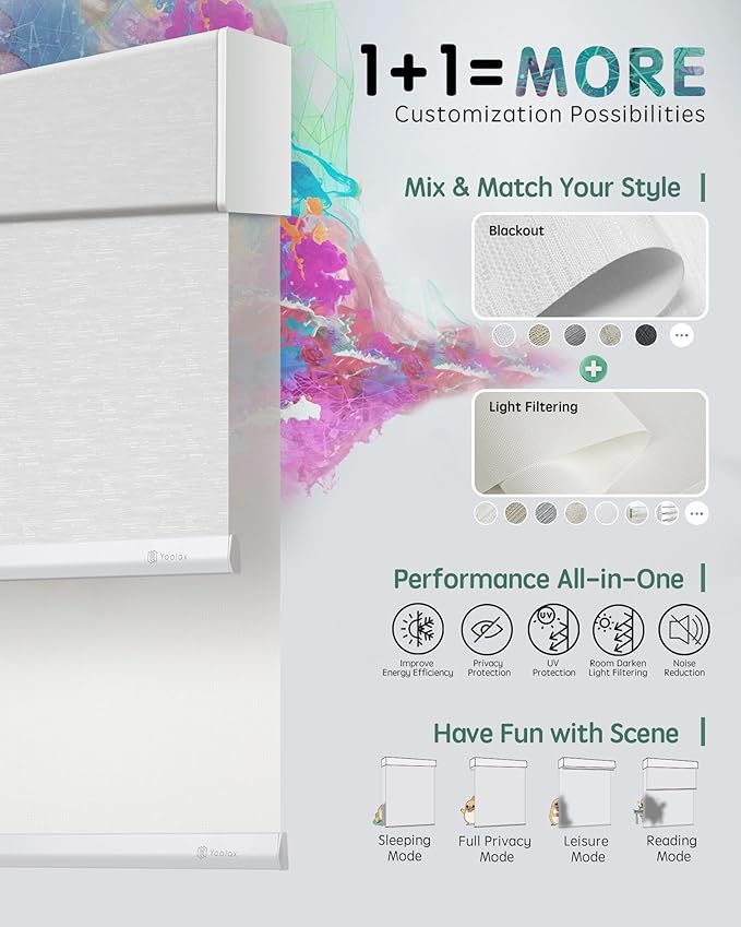 Yoolax Smart Dual Roller Shades, Motorized Blinds with Remote Smart Blinds Compatible with Alexa, Automatic Dual Shades for Windows Bedroom (Jacquard White & 5% Openness White)
