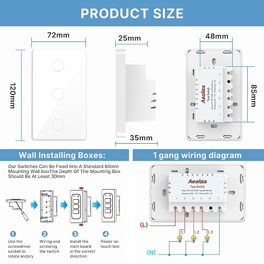 2.4GHz WiFi Smart Touch Wall Single Fire Smart Light Switch, Need Neutral Wire, Glass Panel Light Switch Work with Smart Life/Tuya App, Alexa and Google Home 2 Pack (White 3 Gang)