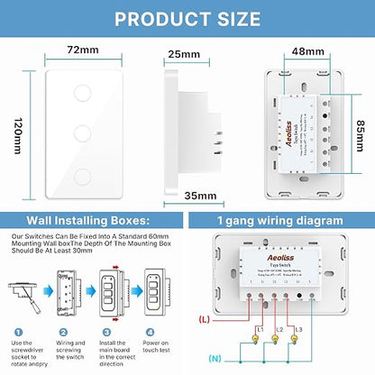 2.4GHz WiFi Smart Touch Wall Single Fire Smart Light Switch, Need Neutral Wire, Glass Panel Light Switch Work with Smart Life/Tuya App, Alexa and Google Home 2 Pack (White 3 Gang)