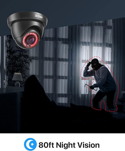 ZOSI 4 Pack 1080p 2MP HD-TVI Home Security Camera Outdoor Indoor 1920TVL, Weatherproof Surveillance CCTV Black Dome Camera, 80ft Night Vision, 24PCS LEDs, 90°View Angle