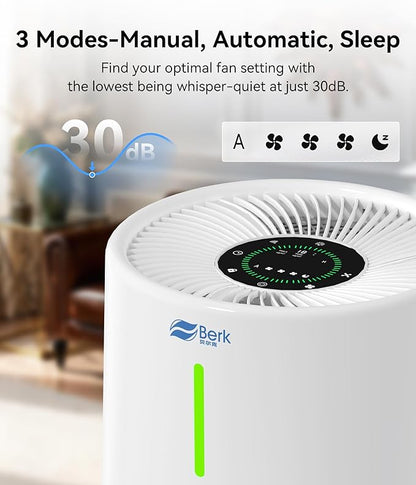 Berk Air Purifiers for Home Living Room,Cover Up to 1550 Ft²,Smart HEPA Air Purifier,PM2.5 Air Quality Display,Portable Air Purifier for Pets Hair, Smoke, Odors,Pollen (D3S-Smart)