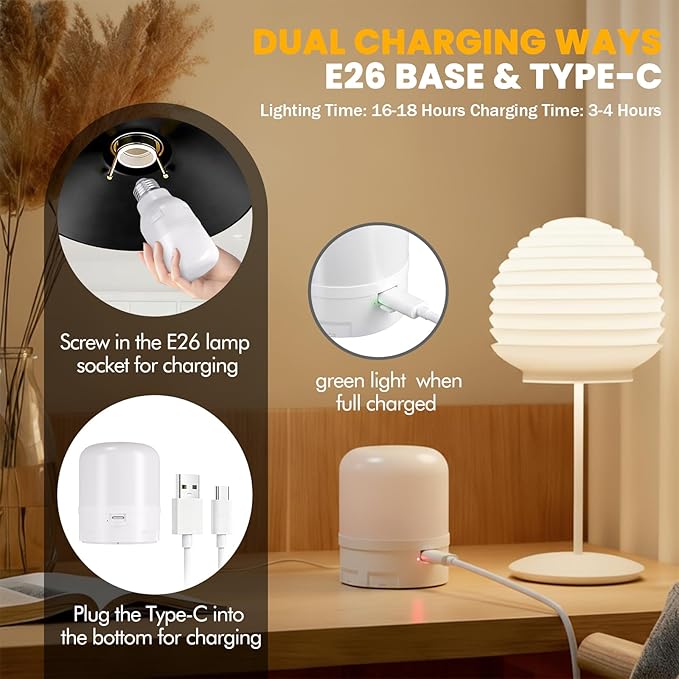 Rechargeable Light Bulb 2-Pack, Battery Operated E26 LED Bulb with Magnetic Base, RGB Color Changing + 3 Color Temps, Remote Control & Timer, Emergency & Portable Light for Power Outage Camping