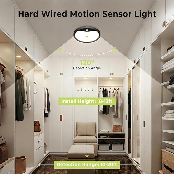 hepside Motion Sensor Ceiling Light Wired, 3000K/4000K/6500K LED Flush Mount Ceiling Light Fixture, 8.7Inch 18W Motion Sensor Light with Timer for Closet Stair Porch Hallway Pantry,Black