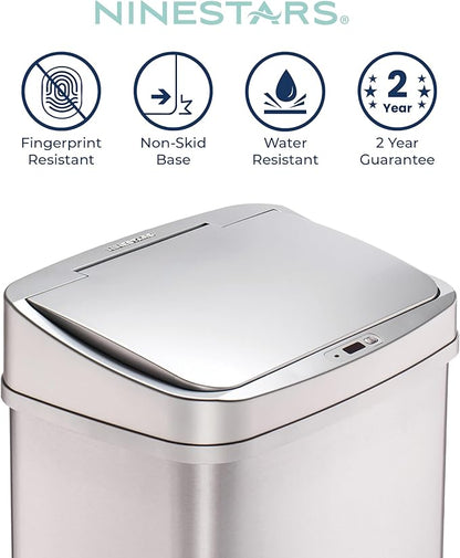 Ninestars 13 Gallon Automatic Trash Can, 50L Touchless Motion Sensor Garbage Can with Odor-Sealing Lid, Rectangular Stainless Steel, Silver Trim
