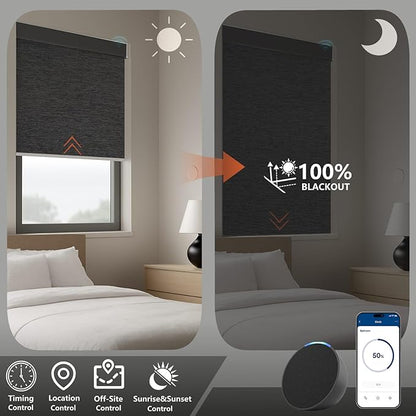 Motorized Blackout Roller Shades with Remote – Smart Blinds for Bedroom, Alexa Google Home Siri, Matter Compatible, Custom Electric Window Shades, Cordless Rechargeable