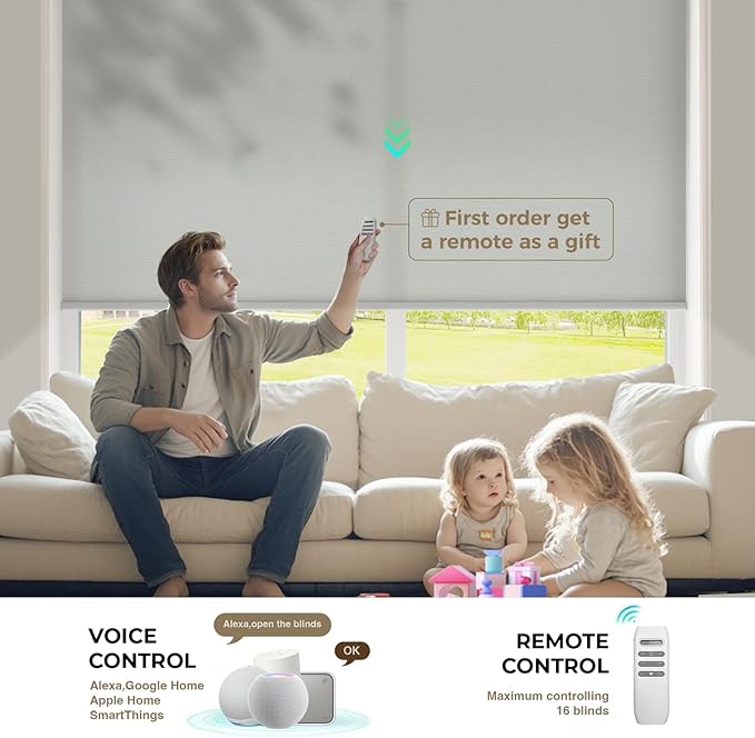 HeyBlinds Motorized Blinds with Remote, Smart Roller Shades with App & Voice Control, Work with Alexa Google HomeKit, Light Filtering Custom Window Shades for Living Room Office (Simply-Light Gray LF)