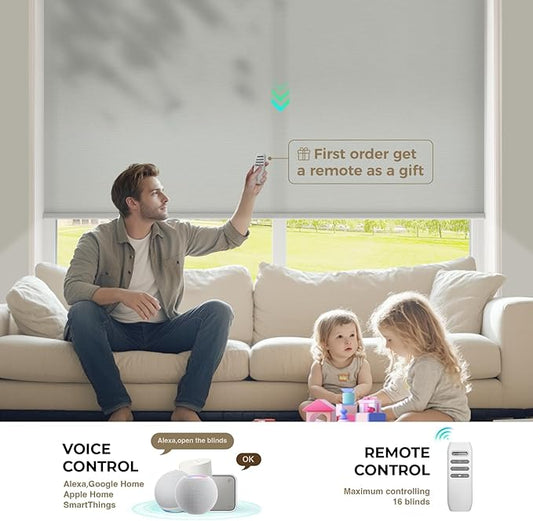 HeyBlinds Motorized Blinds with Remote, Smart Roller Shades with App & Voice Control, Work with Alexa Google HomeKit, Light Filtering Custom Window Shades for Living Room Office (Simply-Light Gray LF)